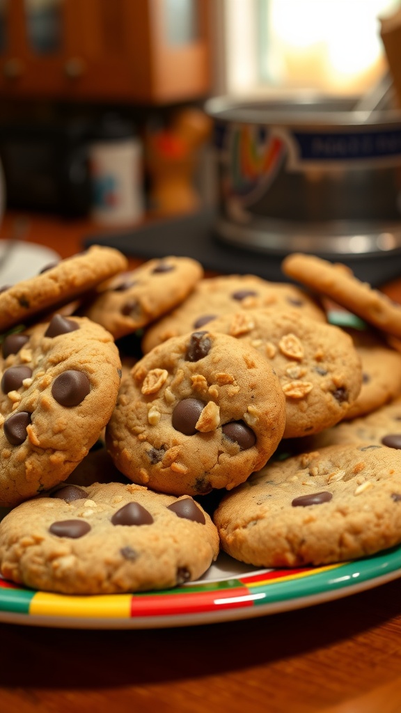 An assortment of colorful cookies on a plate in a cozy kitchen setting.